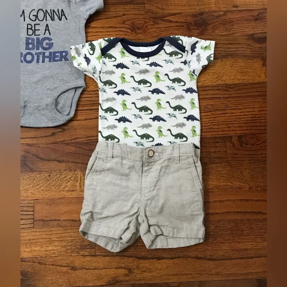 Baby Boy Onesies, Plaid Shorts & Beige Shorts Dinosaur I’m gonna be Big Brother